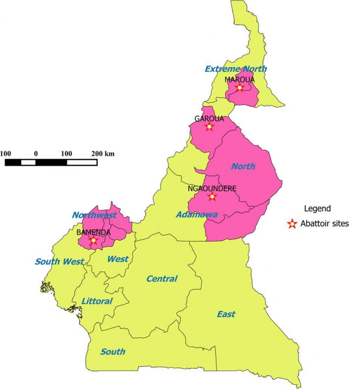 Camerun mostrant les regions mapa